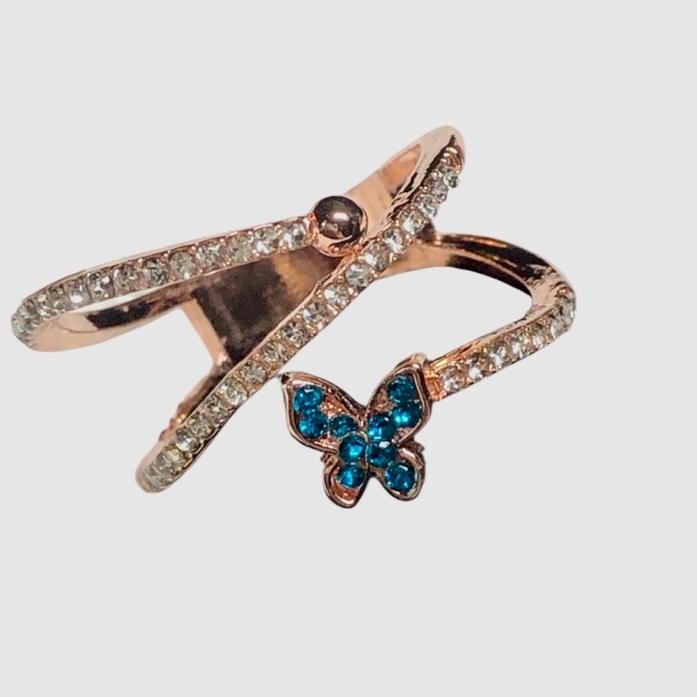 Pink gold ring rose gold-butterfly and blue cubic